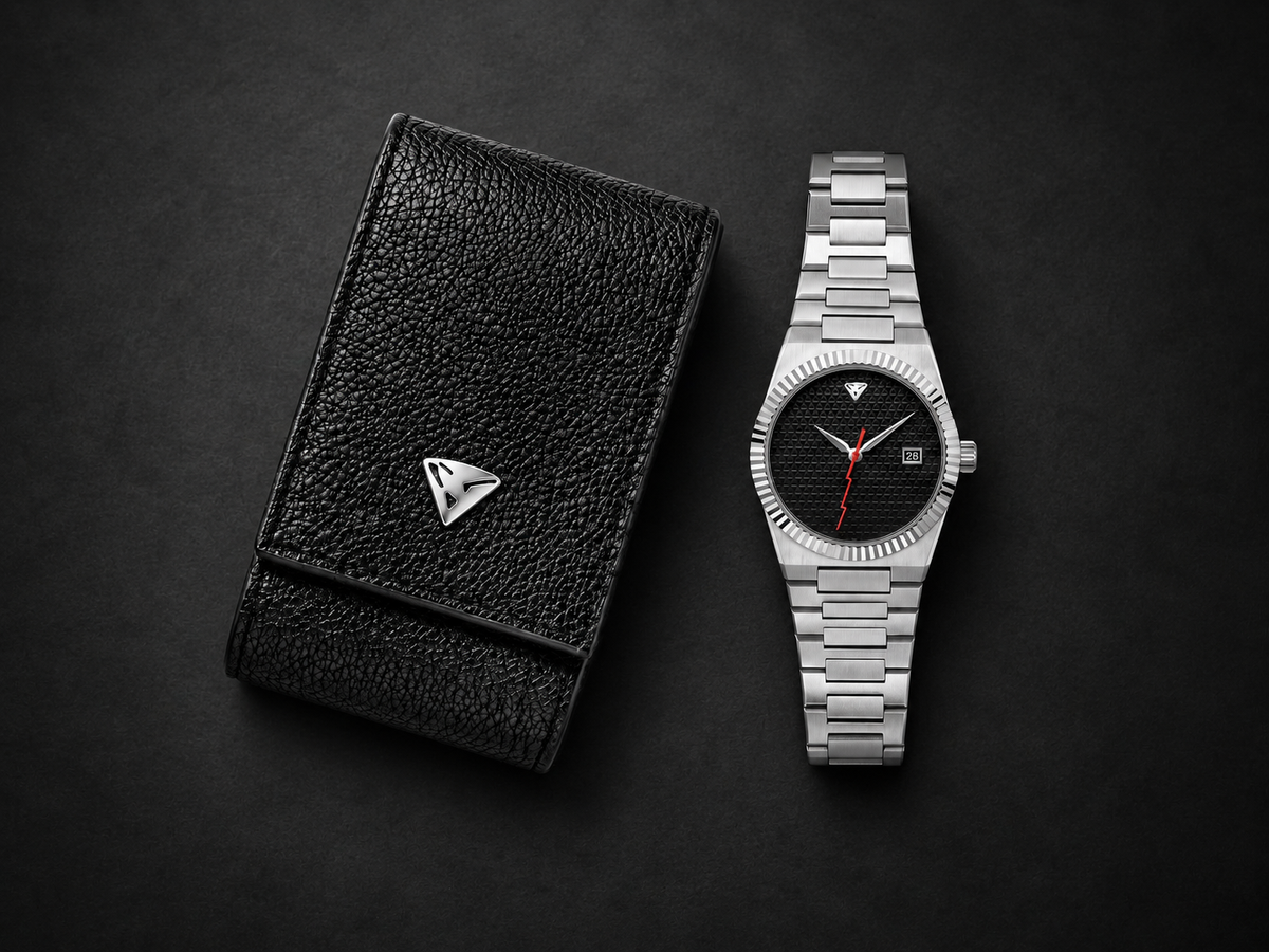 Leather watch pouch beside Genesis watch